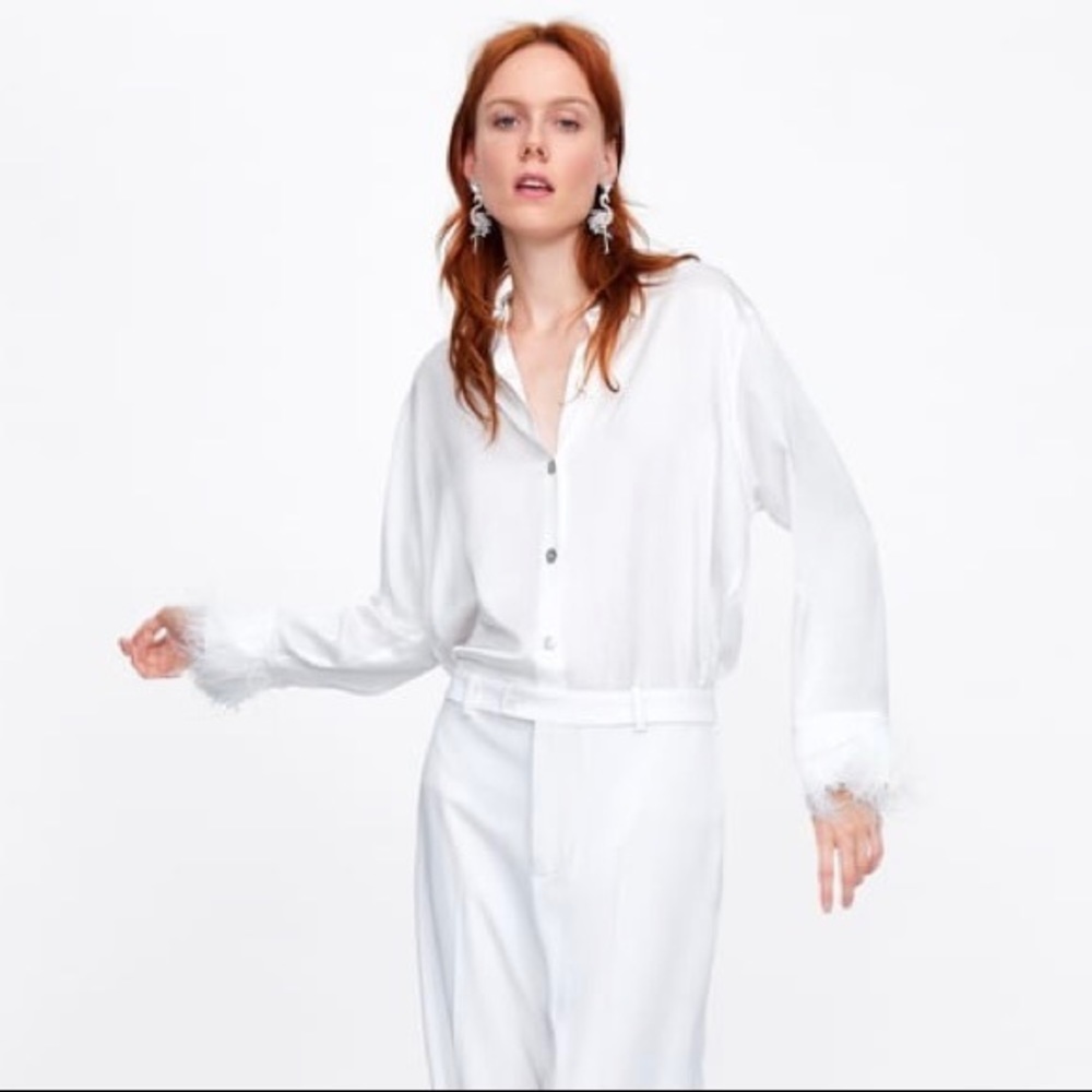 Zara White Feather Cuff Detail Button Up Blouse Size Small